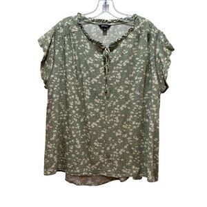 Buffalo David Bitton Womens XL‎ Green Floral Lace-Up Top Ruffled Neckline